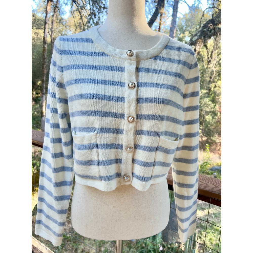Jessica Simpson M Knit Lady Jacket Striped Cropped Cardigan Pearl Button Sweater